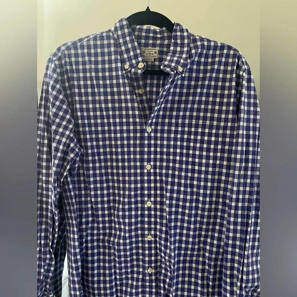 J. Crew - 100% Cotton Navy Blue and White Plaid Button Down Shirt - Size M